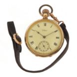 Waltham, gentlemen's gold plated open face pocket watch housed in a J W Benson tooled leather