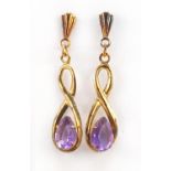 Pair of 9ct gold amethyst drop earrings, 2.5cm high, 0.5g