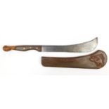 Robert Mole & Sons steel bladed machete with carved hardwood sheath, 82.5cm in length