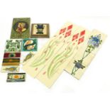 Art Nouveau and Art Nouveau style pottery tiles including one housed in a brass stand and a large