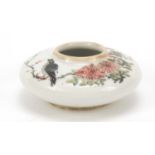 Chinese porcelain squatted vase hand painted in the famille rose palette with a bird amongst flowers