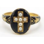 Georgian unmarked gold black enamel and seed pearl mourning ring, engraved C.E.F died 14th July