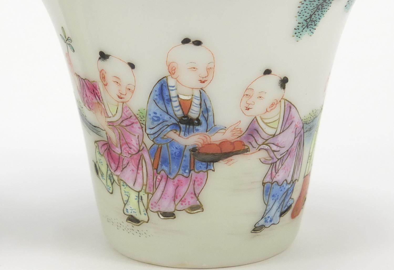 Good pair of Chinese porcelain tea cups hand painted in the famille rose palette with children - Image 3 of 11