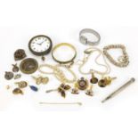 Costume jewellery and objects including an eight day clock and a Japanese bangle