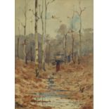 Nestor Outer - Female by a stream in woodland, 19th century watercolour, label verso, mounted,
