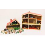 Two vintage plastic doll's houses with contents, the largest 62cm H x 70cm W x 25cm D