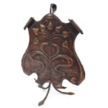 Arts and Crafts copper and wrought iron firescreen hand beaten with stylised flowers, 72cm high
