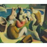 American beach scene with bathers, Art Deco school oil on board, framed, 60cm x 49cm excluding the