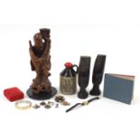 Objects and costume jewellery including a Chinese root carving of and Elder, silver and amber