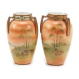 Pair of Noritake three handled vases hand painted with landscapes, 13cm high