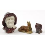 Bornholm, two Danish stoneware animals and a bust of a pipe smoking gentleman having a lustre glaze,