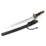 Japanese military interest Wakizashi with watered blade, lacquered scabbard and silvered Tsuba, 66cm