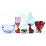 Art glassware including a Whitefriars ruby tooth vase and two ducks, the largest 21.5cm high