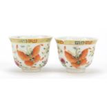 Pair of Chinese porcelain tea cups, each finely hand painted in the famille rose palette with