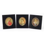 Three oval hand painted portrait miniatures including one of a gentleman in naval dress, each housed