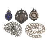 Silver items comprising three jewels, watch chain and bracelet, 82.4g