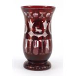 Large Bohemian ruby glass vase etched with deer and a building, 25.5cm high