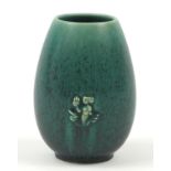 Saxbo, Danish stoneware vase with stylised motif having a green mottled glaze, 13cm high