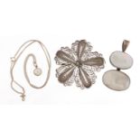 Silver jewellery comprising filigree brooch, two mother of pearl pendants and a silver necklace,