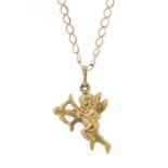 9ct gold cupid pendant on a 9ct gold necklace, 44cm and 2.5cm in length, 1.6g