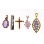 Five 9ct gold pendants, set with semi precious stones, the largest 2.5cm high, total 5.6g