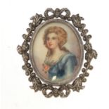 Unmarked silver coloured metal marcasite portrait brooch hand painted with a female, 5cm high, 16.8g