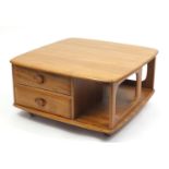 Ercol Windsor light elm Pandoras box coffee table, 40cm high x 80cm square