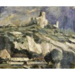 Fortress on hilltop, oil on canvas, mounted and framed, 44.5cm x 36.5cm excluding the mount and