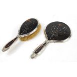 Adie Brothers Ltd, George V silver and tortoiseshell piqué work hand mirror and brush, Birmingham