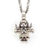 Silver rag doll pendant with articulated limbs on a silver necklace, 50cm and 3cm in length, 9.5g