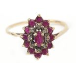9ct gold diamond and ruby three tier cluster ring, size S, 2.2g