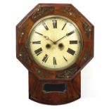 19th century rosewood drop dial wall clock with brass and mother of pearl foliate inlay, the