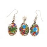Silver millefiori glass pendant and earrings, 4.5cm and 3cm in length, 12.0g