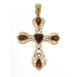 9ct gold garnet cross pendant, 3.7cm in length, 2.0g