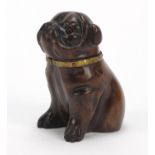 Victorian carved treen Pug dog design inkwell with glass collar and ceramic liner, 11.5cm high