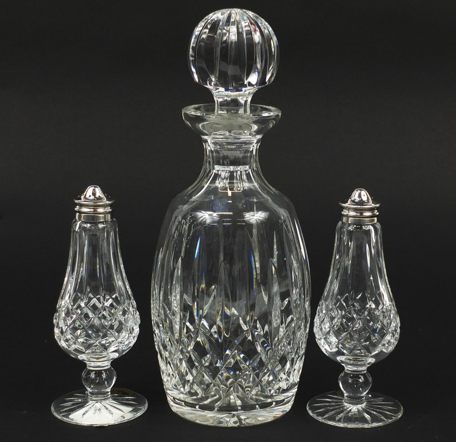 Waterford Crystal comprising a Lismore pattern decanter and salt and pepper sifters with box, the - Image 4 of 9