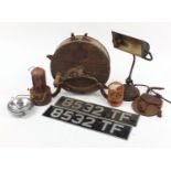 Sundry items including a Butler's head lamp, Weatherburn knife sharpener, Banker's lamp and a bird