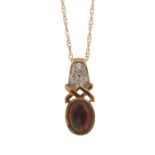 9ct gold opal and diamond pendant on a 9ct gold necklace, 46cm in length, the pendant 1.8cm high,
