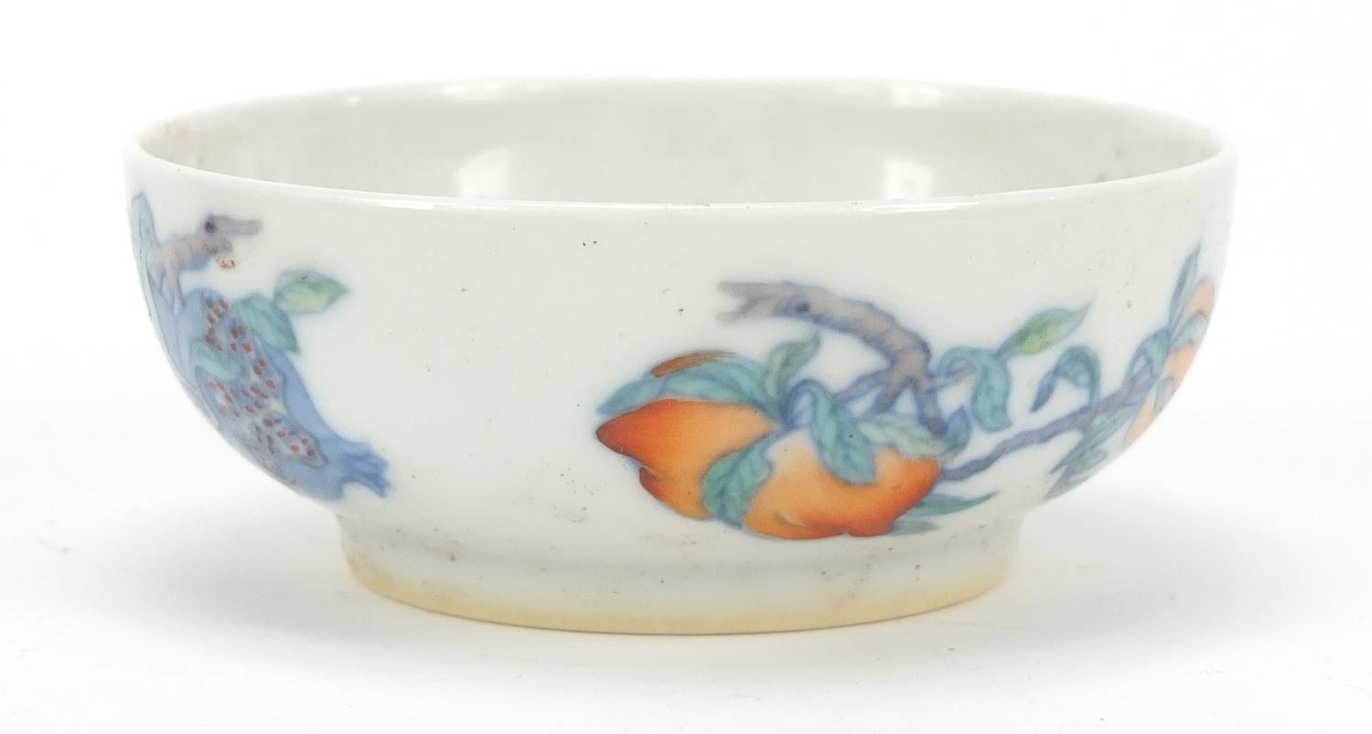 Chinese doucai porcelain shallow dish hand painted with fruit, six figure character marks to the - Image 3 of 8