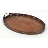 Newlyn, Arts & Crafts oval copper galleried tray having twin handles, embossed with the apples and