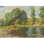Viktor Krassilnikov - Cattle beside a lake, Russian school oil on canvas, inscribed verso, mounted