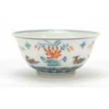 Chinese doucai porcelain bowl hand painted with ducks amongst flowers, six figure character marks to