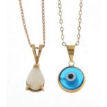 Two 9ct gold pendants on 9ct gold necklaces including an opal, 3.8g