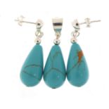 Silver and turquoise tear drop pendant with matching earrings, 3.5cm in length, 10.0g