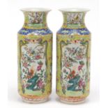 Pair of Chinese porcelain cylindrical vases hand painted in the famille rose palette with birds