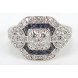 Art Deco style 18ct white gold diamond and sapphire ring, size J, 6.4g