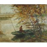 Fishermen in a boat, oil on canvas, unframed, 61.5cm x 50.5cm