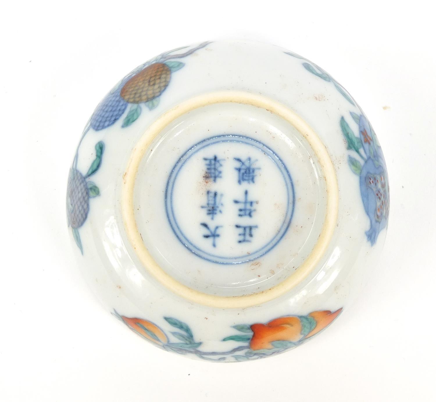 Chinese doucai porcelain shallow dish hand painted with fruit, six figure character marks to the - Image 6 of 8