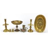 19th century metalware including a champlevé enamel chamber stick, French centrepiece by CH & Co and