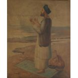 Man wearing a turban praying, Islamic school oil on canvas, unframed, 90cm x 74cm